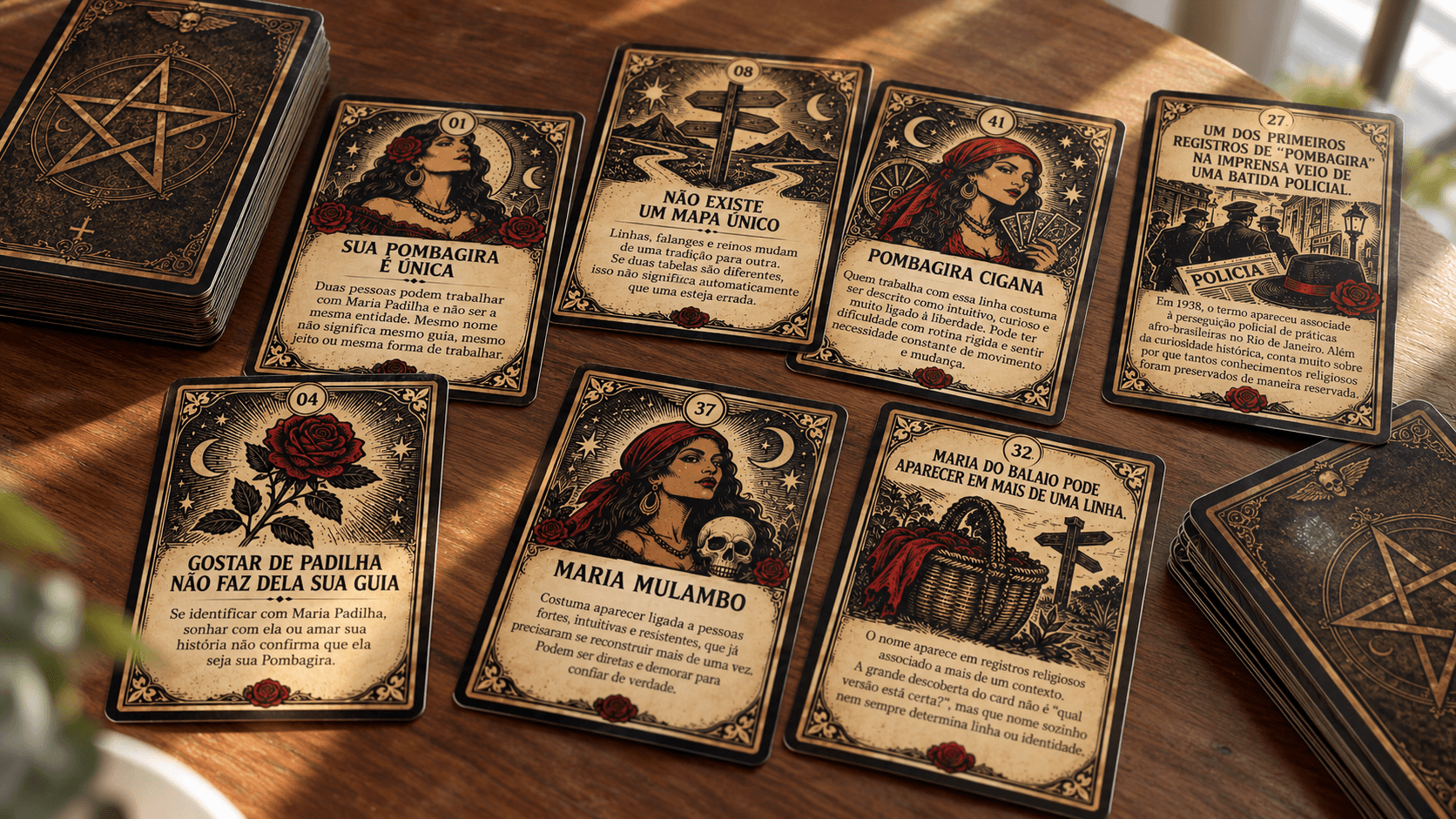 Cards das 49 Coisas sobre Pombagira espalhados sobre a mesa