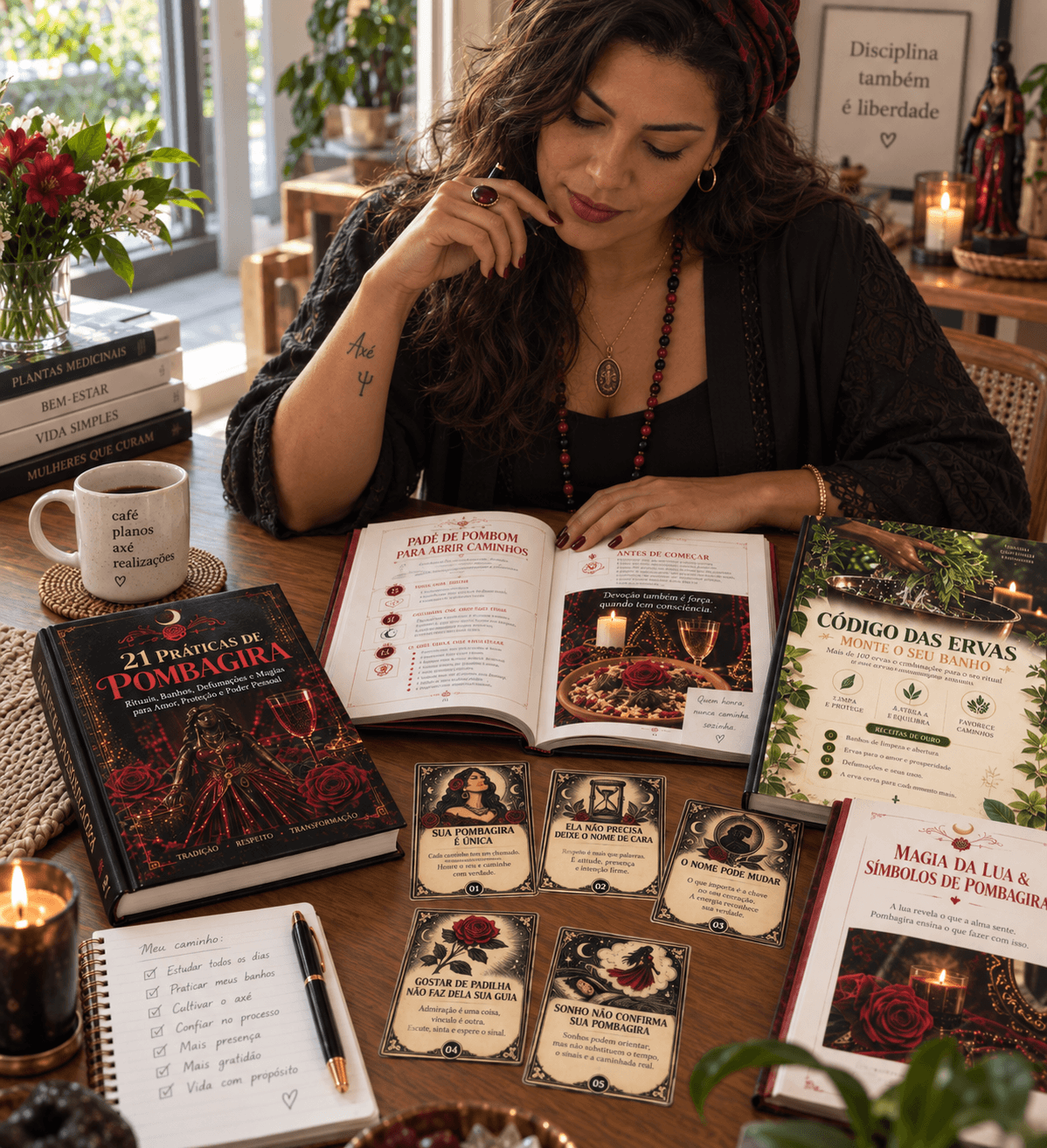 Mulher estudando os materiais Magia Astarte: 21 Práticas, Código das Ervas, Magia da Lua e cards